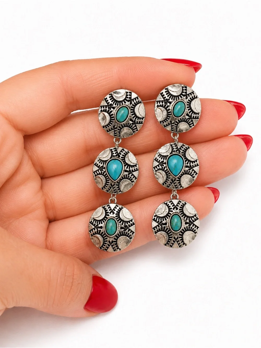 Southwest Style Turquoise Look Triple Drop Earrings Silver Toned Concho